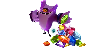 Изображение с персонажами Gama казино, окруженными разноцветными драгоценными камнями, символизирующими регулярные награды для игроков и создающими атмосферу игры и вознаграждения.